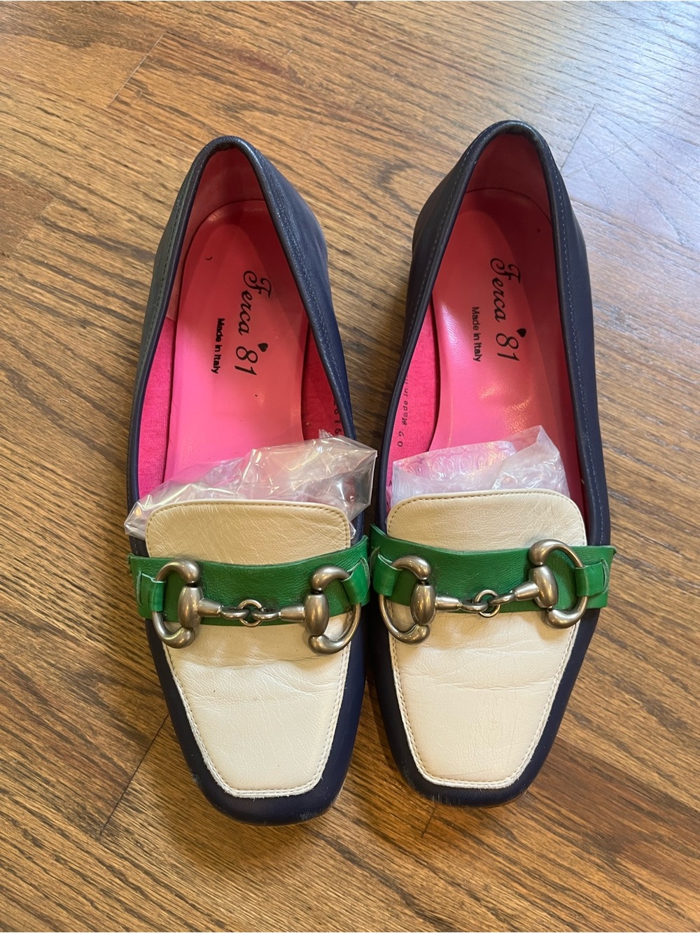 Women's Two-Tone Leather Loafers in Navy, Cream & Green
